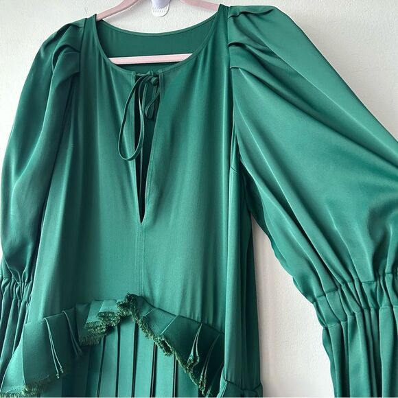 KHAITE Cara Pleated Stepped-Hem Satin Dress in Green - Picture 7 of 16